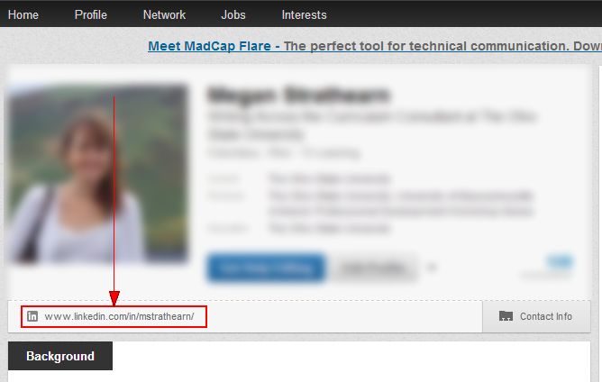 URL address beneath profile photo in LinkedIn profile