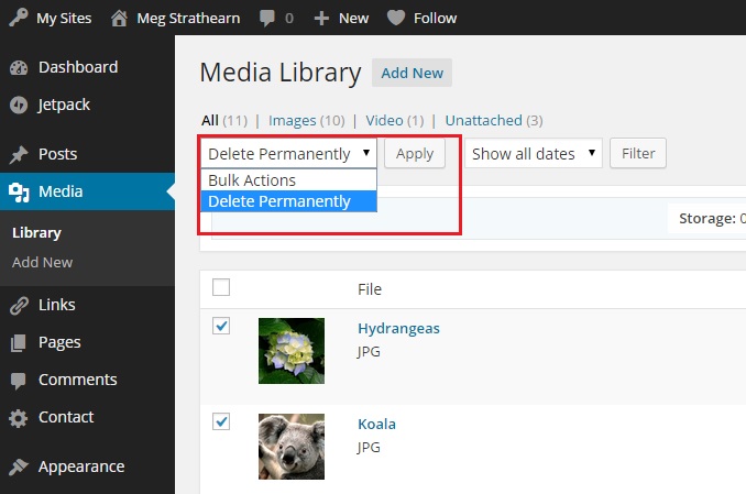 Delete Permanently option selected under Bulk Actions select box on Media Library page