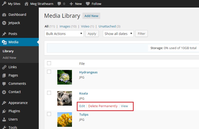 Edit, Delete Permanently, and View links on media file on Media Library page 