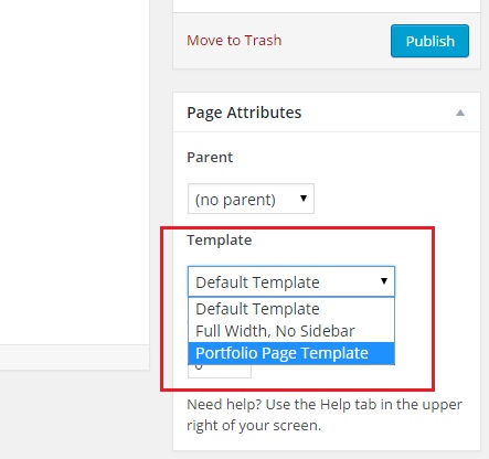 Portfolio Page Template option selected under Template in Page Attributes widget