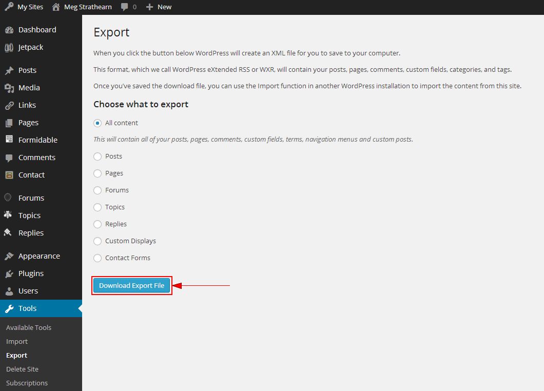 Choose what to export options and Download Export File button on Export page in U.OSU