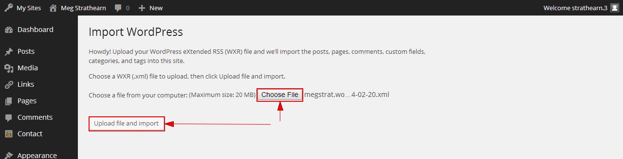 Upload File and Import button on Import WordPress screen in U.OSU