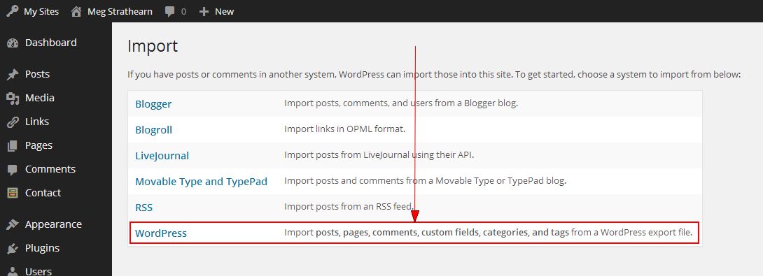 WordPress option under Import screen of U.OSU