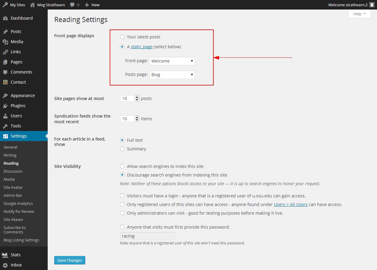 A static page select option selected under Front page display on Reading Settings page