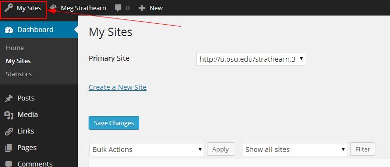 My Sites menu link in admin toolbar of U.OSU