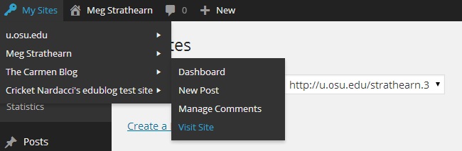 Visit Site menu link under currently selected site in expanded My Sites menu in admin toolbar of U.OSU