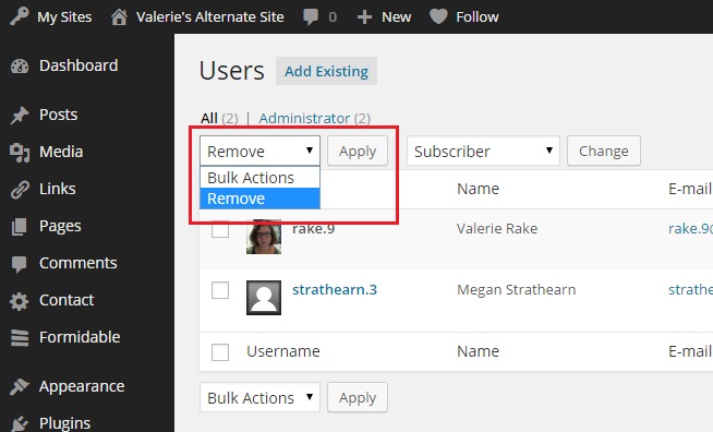 Remove option under bulks actions select box on Users page in U.OSU