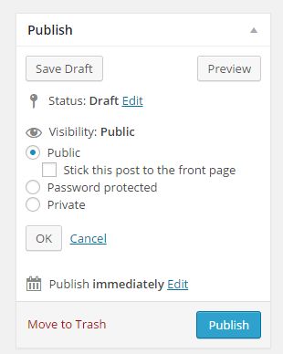 Visibility options in the Publish widget are described in the list items below