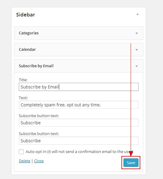 Fields for title, text, and subscribe button text under Subscribe by Email widget settings