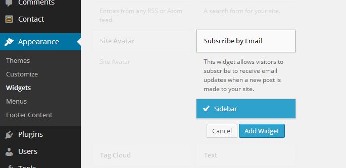 Sidebar selected under Subscribe by Email widget on Widgets page