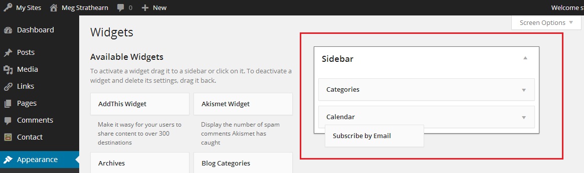 Subscribe by Email widget dragged and dropped to Sidebar on Widgets page