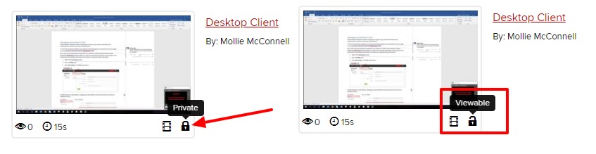 Lock icon with hover text of Private and unlocked icon with hover text of Viewable under presentation