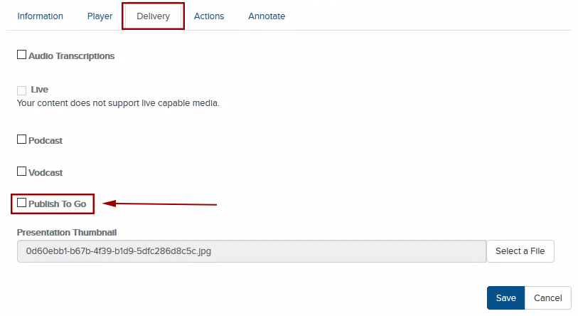 Publish To Go checkbox under Delivery tab