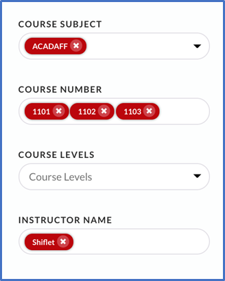 Course information filters: Course Subject, Course Number, Course Levels and Instructor Name