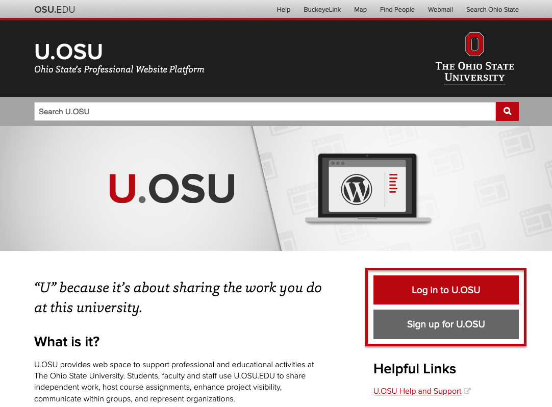 U.OSU service home page screenshot with sign up and log in buttons highlighted