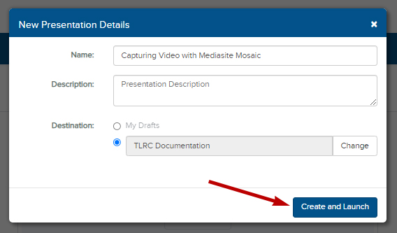 Name field, Description field, Destination select options, and Create and Launch button under New Presentation Details