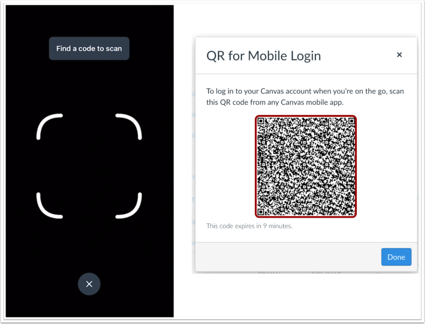 Split image shows the scan interface, and the QR code display