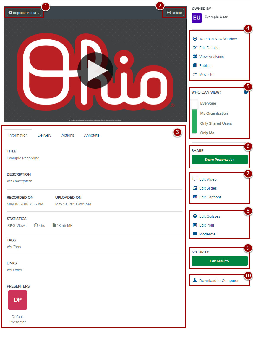 Elements of this MyMediasite Portal window are described in the list below