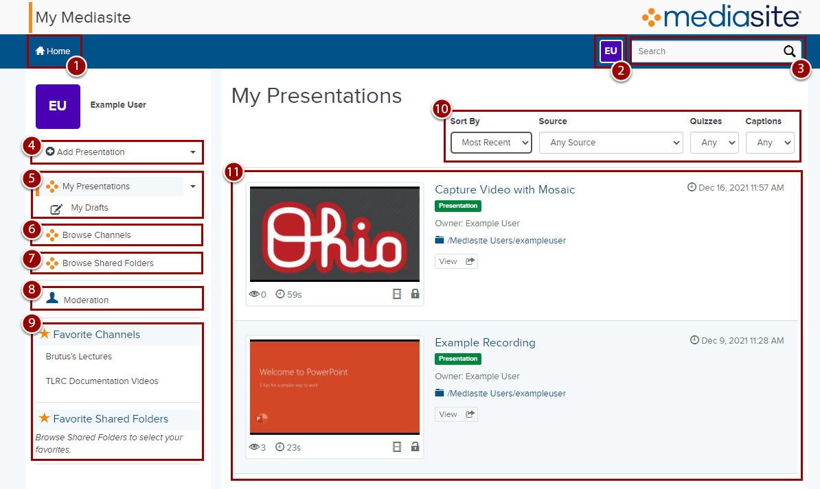 Sections of the MyMediasite Portal highlighted in this screenshot are described in the list below.
