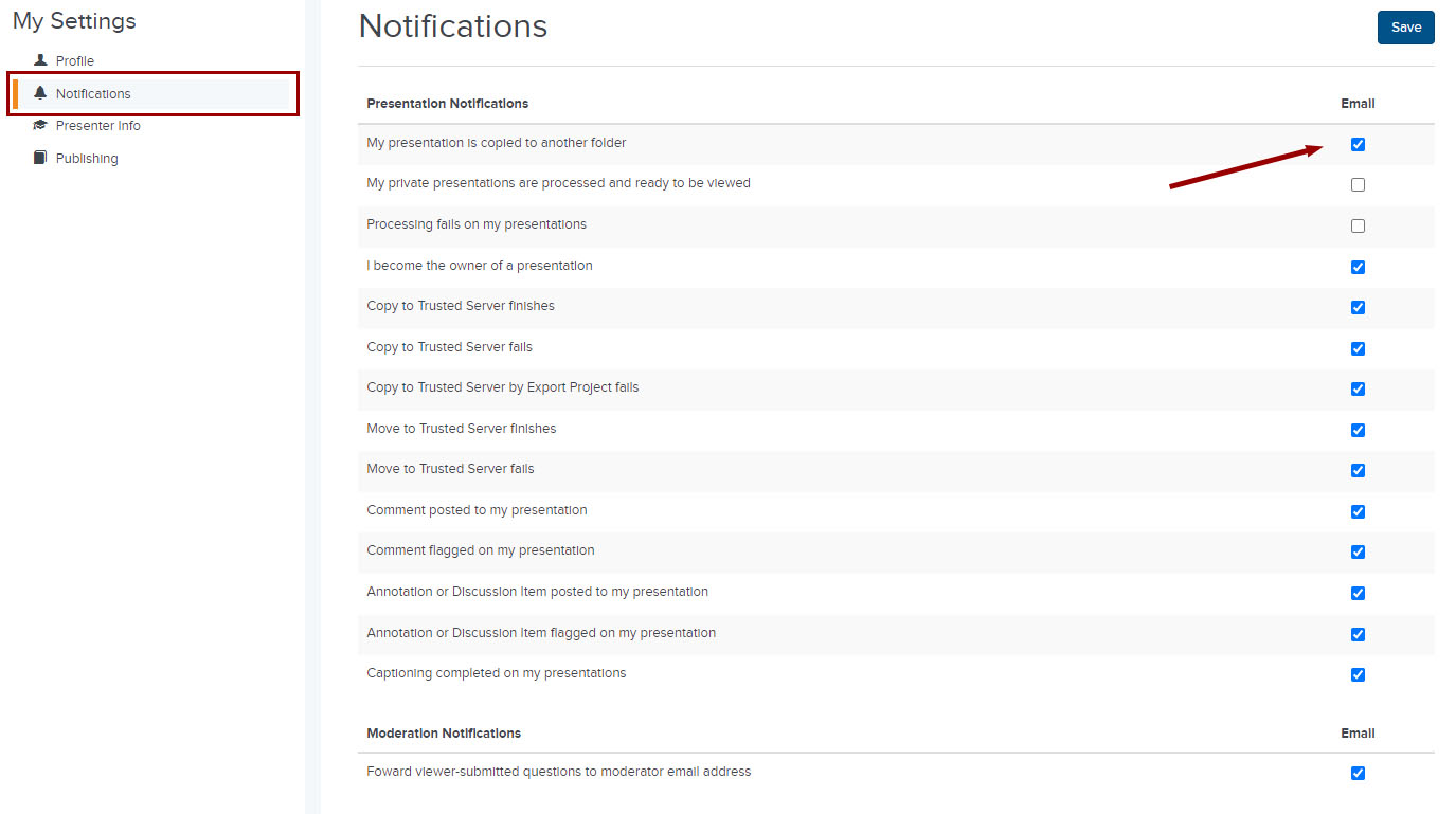 List of available notification options with Email check box by each under Notifications settings