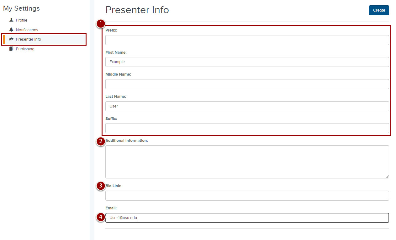 The Presenter Info settings fields highlighted in this screenshot are described below.