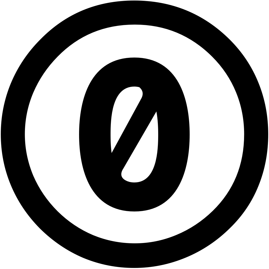 A zero inside a circle - the icon used by Creative Commons for its "CC0" Public Domain Designation.