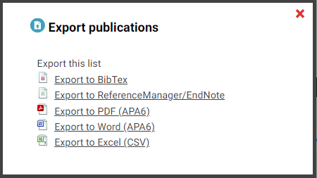 Export publications pop-up window