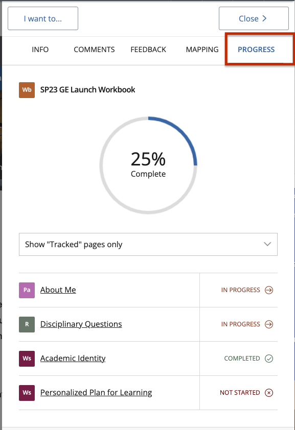 PebblePad View Progress_actual percentage of progress