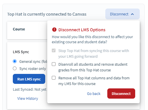 Top Hat user interface Disconnect LMS Options tab
