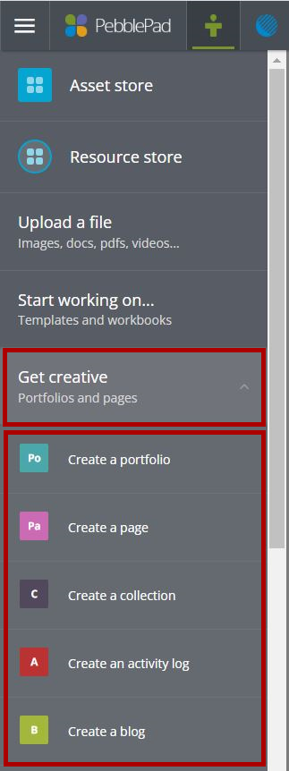 Screenshot UsingPebblePad GetCreative with submenu