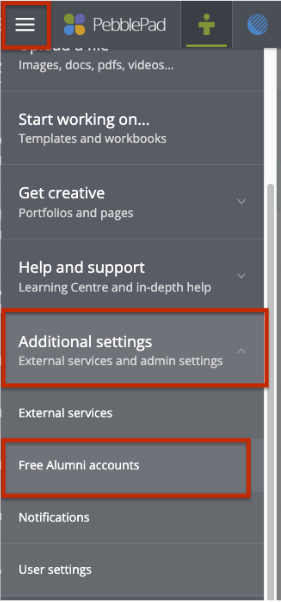 Screenshot alumni access account settings