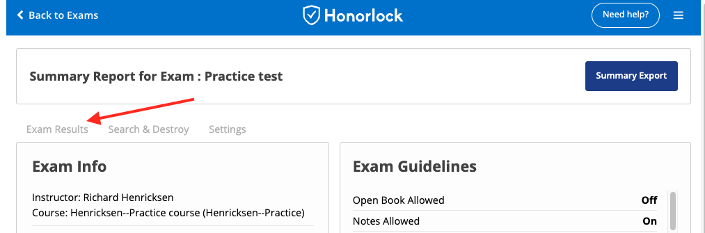 Honorlock Exam Summary Return