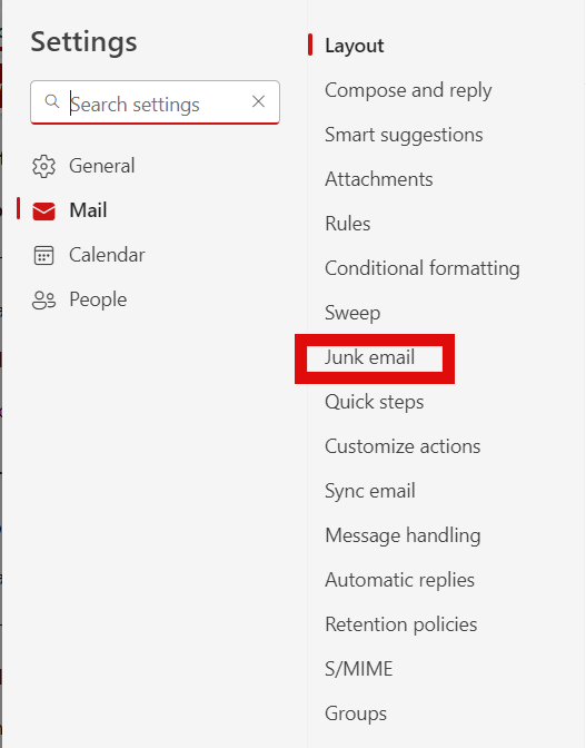 Select Settings then Junk Mail