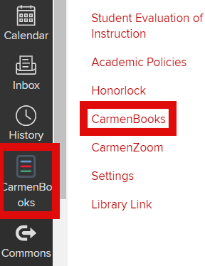 CarmenBooks selected in the Course Navigation and in the Global Navigation