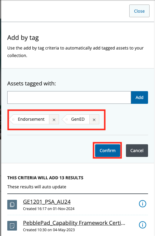 Confirm tags collection button