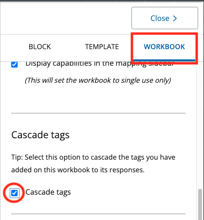 workbook selected with cascade tags checked