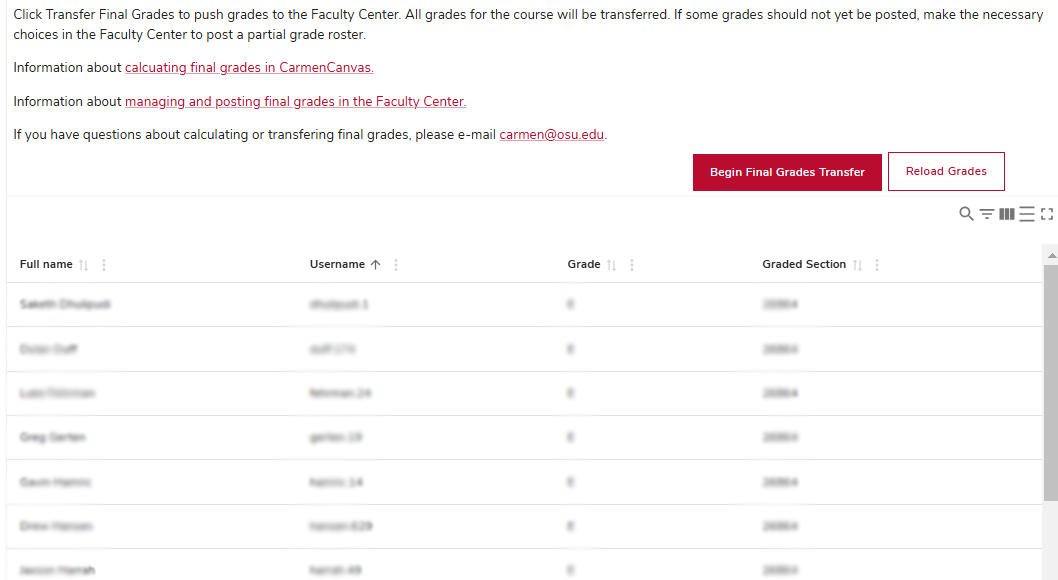 Transfer Final Grades Roster