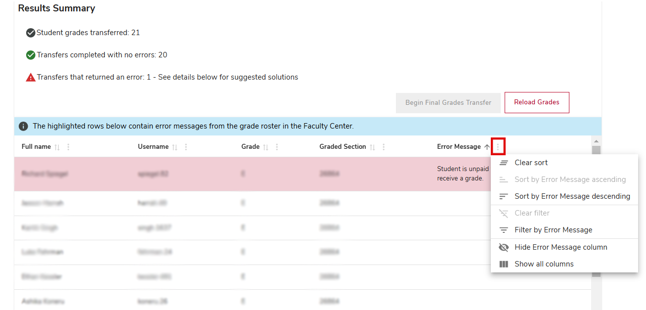 Final Grades Filter Selected