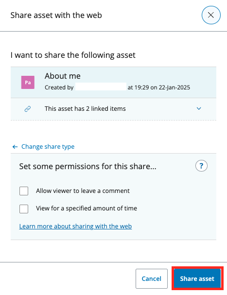 Share asset permissions settings