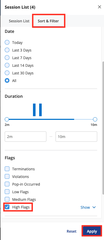 Sort and Filter option tab