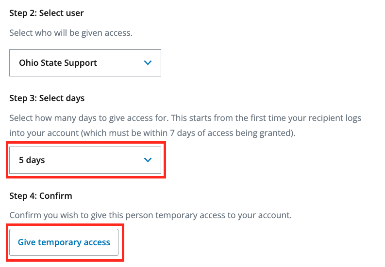 Select How many days to allow support
