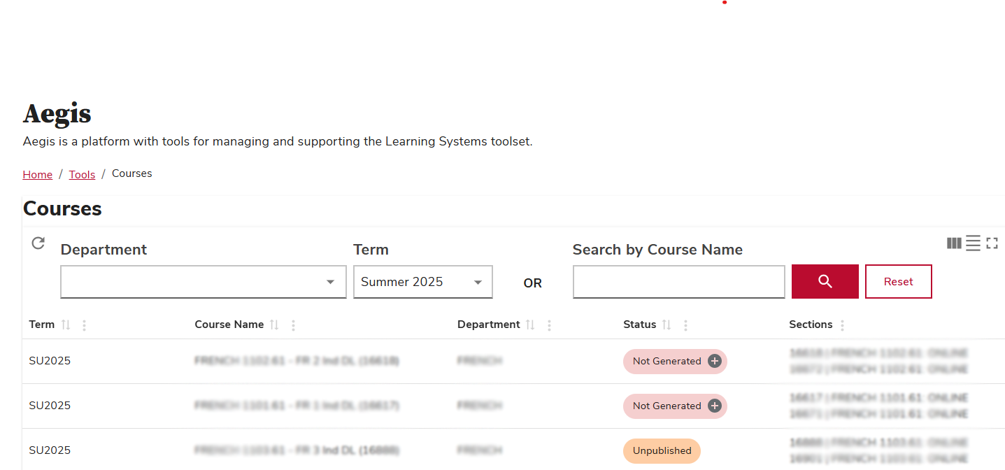 Aegis Course List