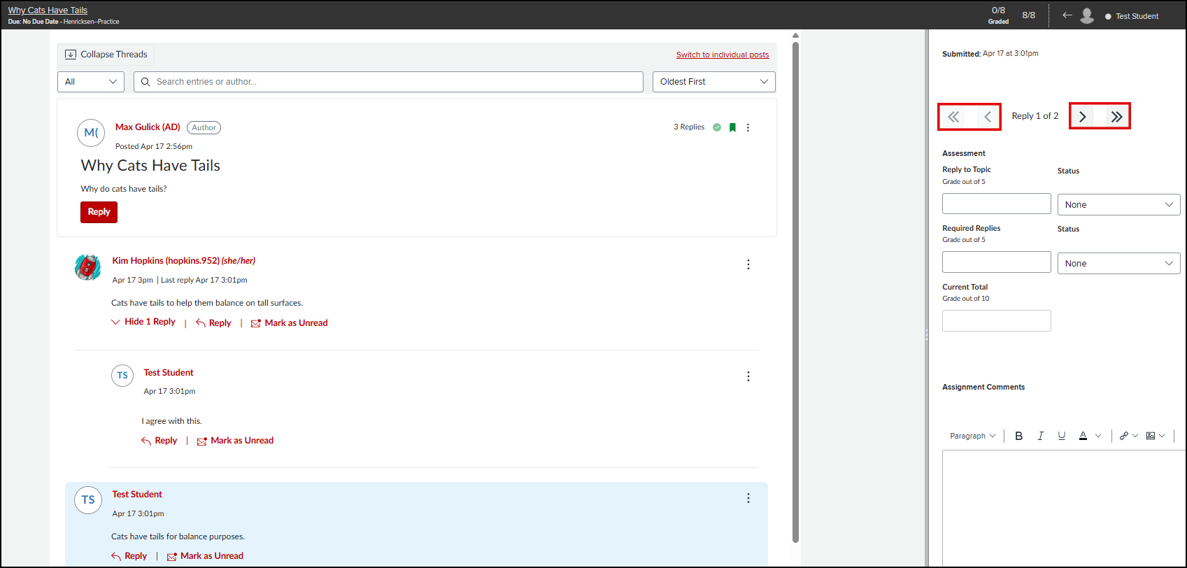 Showing replies in context, arrow navigation
