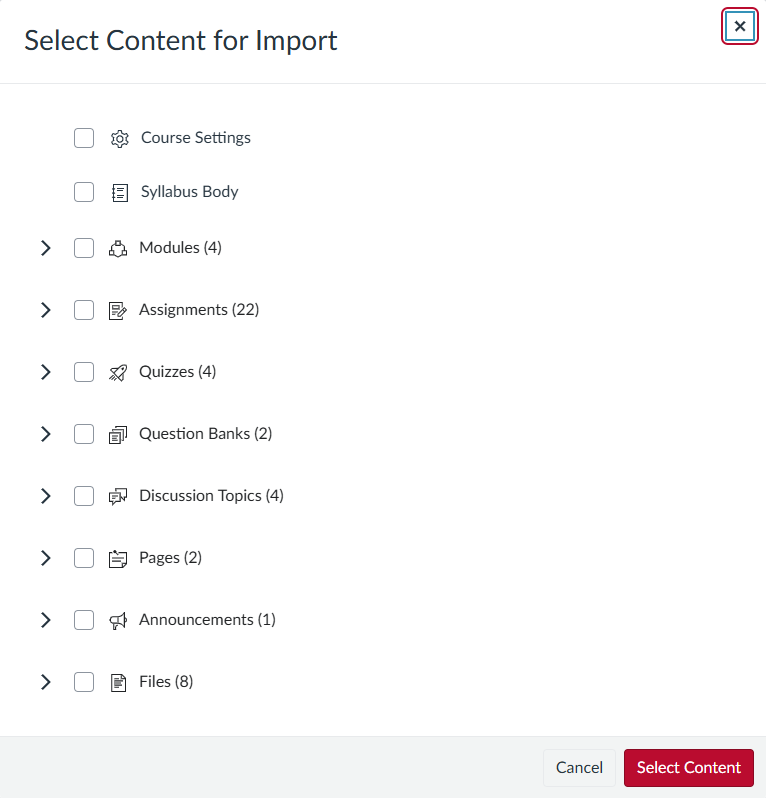 Import Content Selection