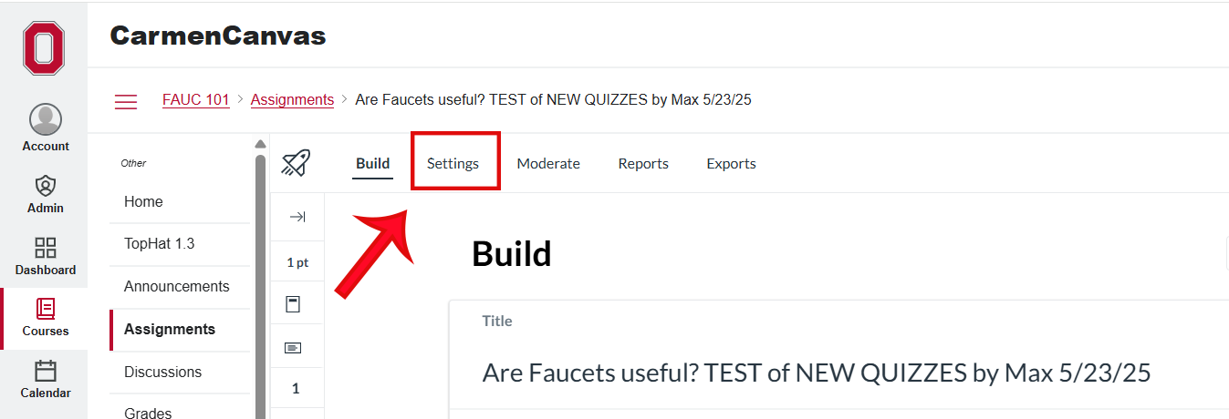 Settings tab for Build menu