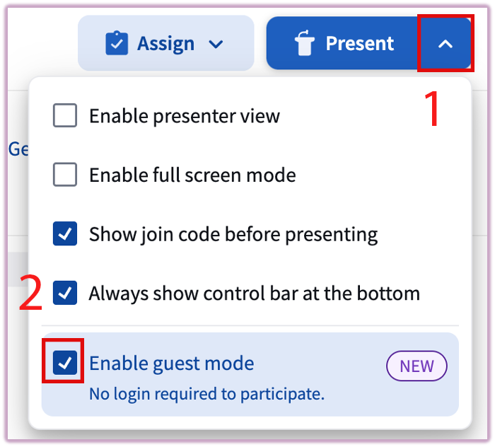 Enabling Guest mode from the presentation menu