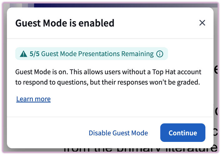 Guest mode enabled confirmation page