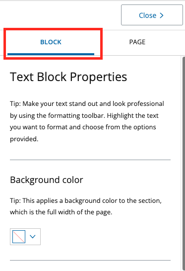 Block properties menu