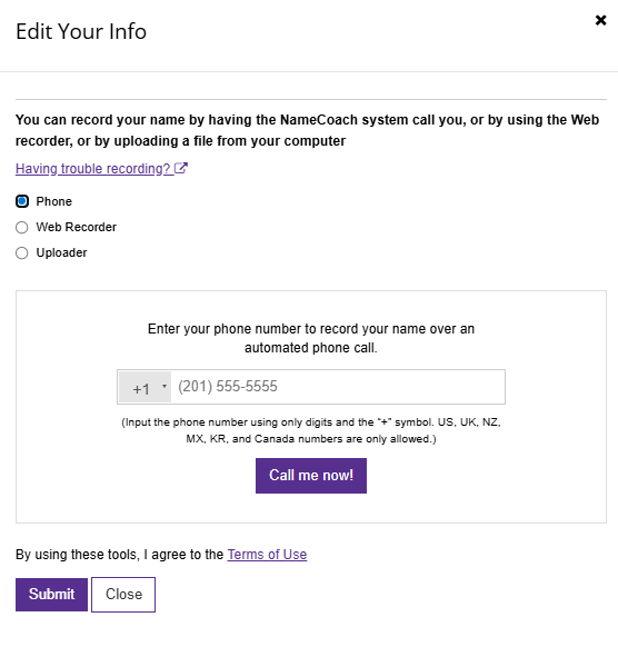 Namecoach phone recording screen