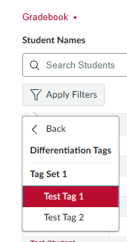 Select Tag interface in gradebook filter